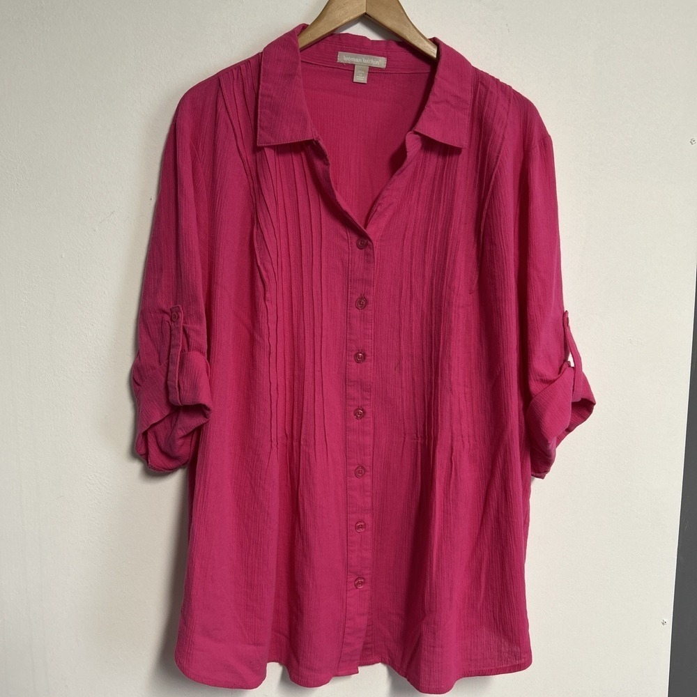 Woman Within 22/24 (1X) Pink Pin Tuck Button Front Shirt Short Sleeve Cotton